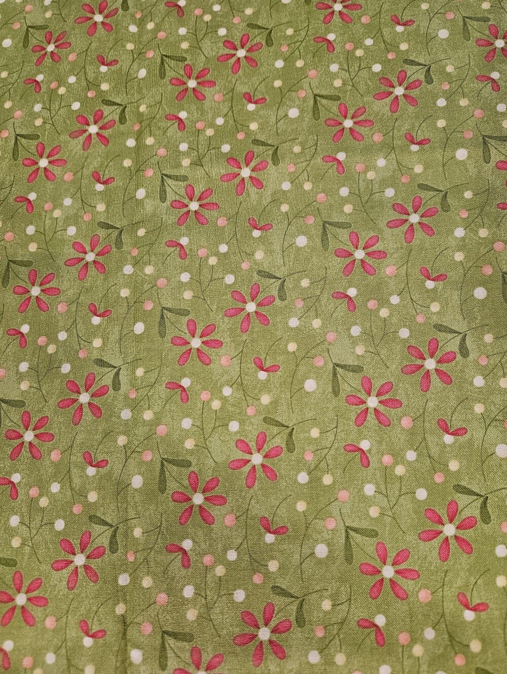 Green Floral Cotton Fabric with Pink Daisies Sold By The Yard